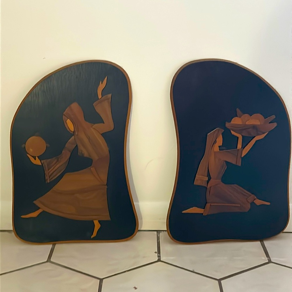 60's Beautiful PAIR Wall Art Plaques Wood Inlay Carved Appliqué Handmade!
